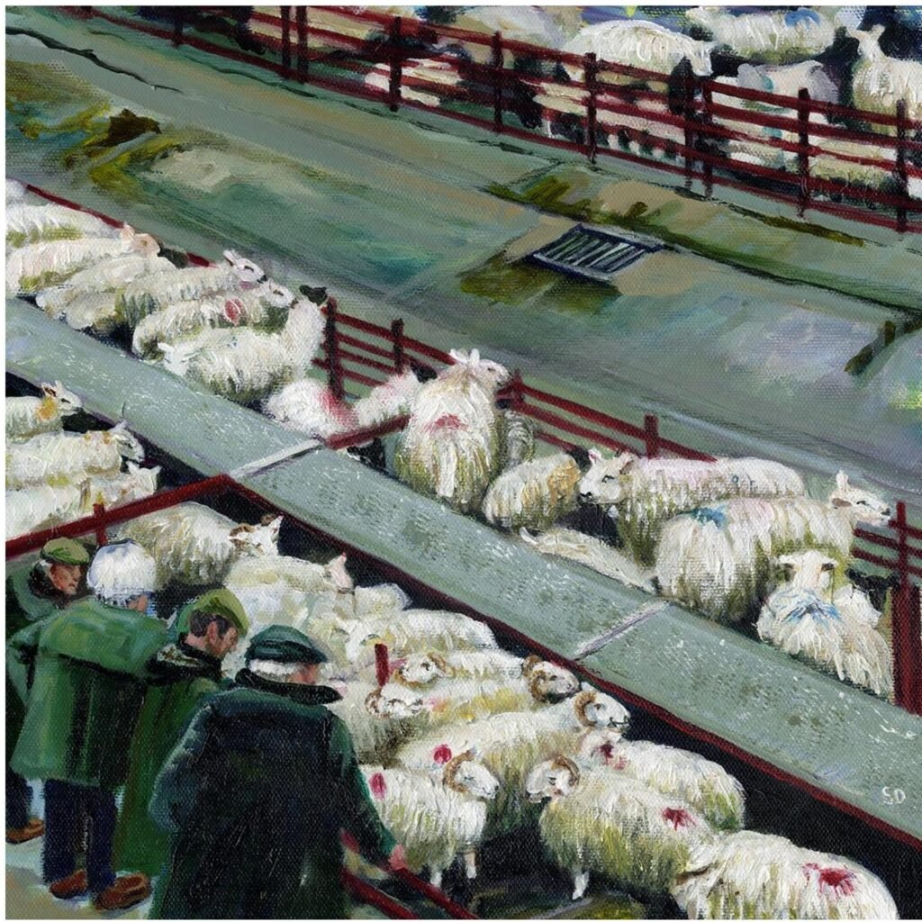 Painting of a busy Yorkshire auction mart with sheep in pens and farmers in flat caps discussing livestock sales.