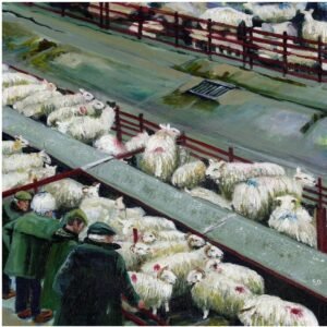 Painting of a busy Yorkshire auction mart with sheep in pens and farmers in flat caps discussing livestock sales.