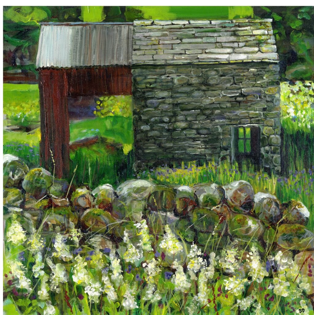 old barn Swaledale Yorkshire Dales art print dry stone wall wildflowers rural landscape painting