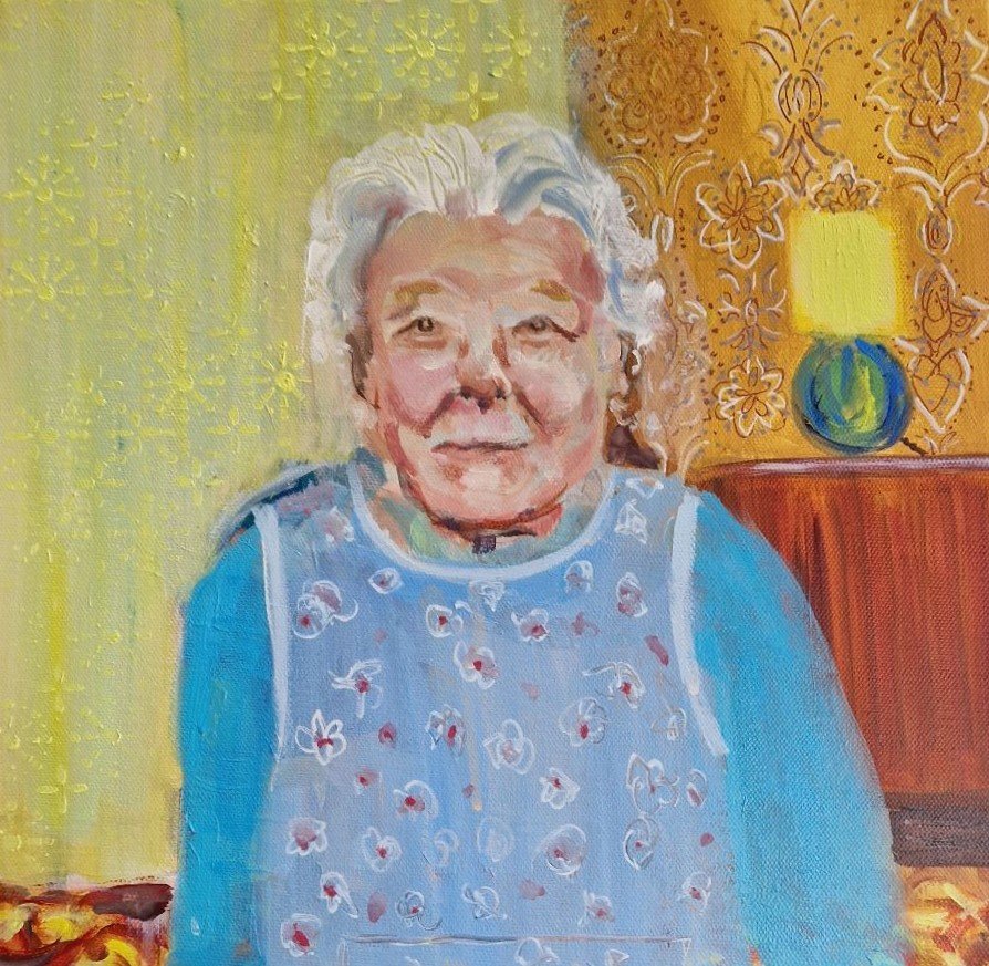 Owd Lass Jeanie character painting by Sue Dewhurst, humorous working-class woman portrait artwork