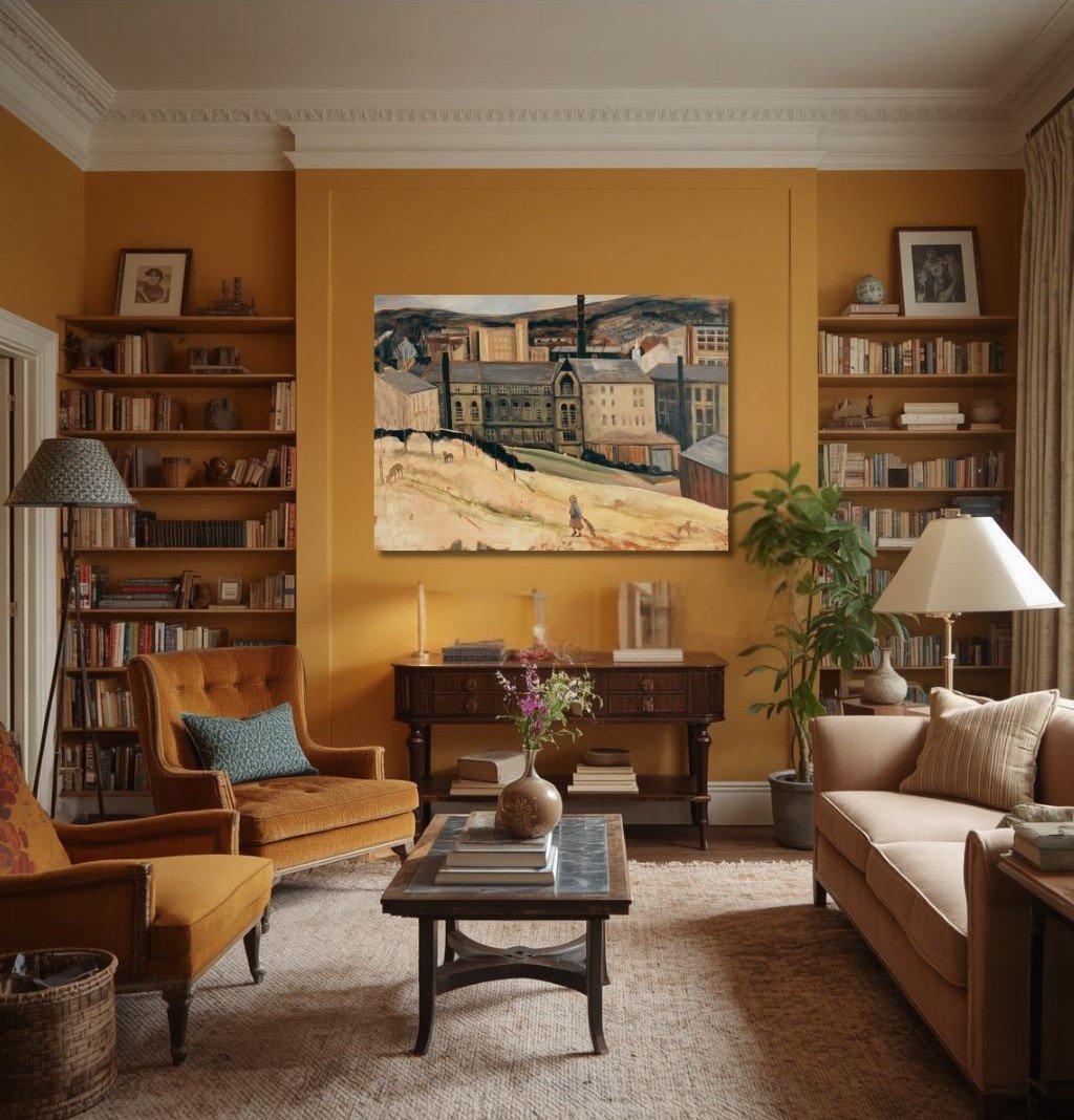 Alice large Northern figurative painting displayed unframed on an ochre wall in a vintage eclectic interior