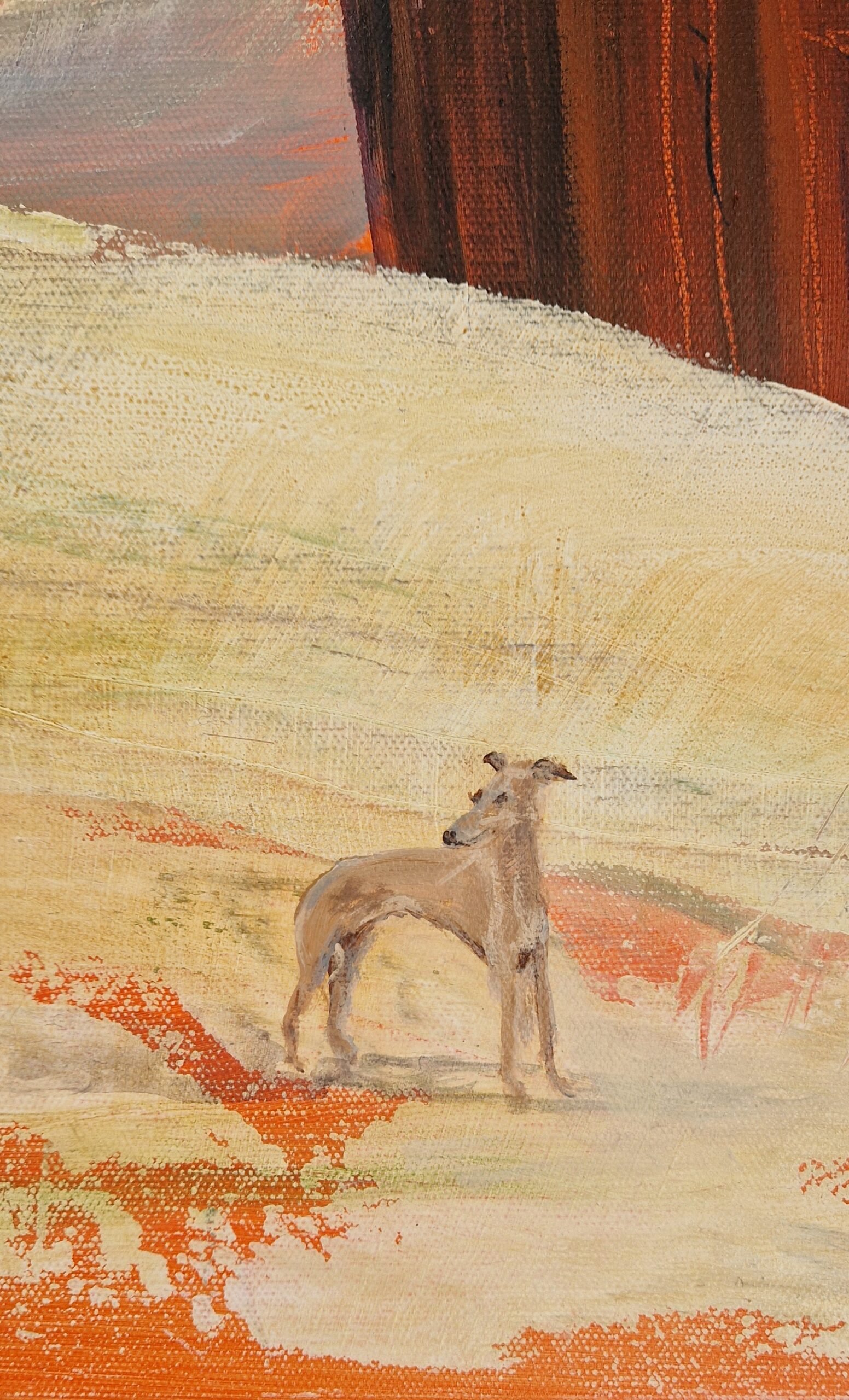 Detail showing the dogs within Alice, a contemporary figurative painting by Sue Dewhurst.