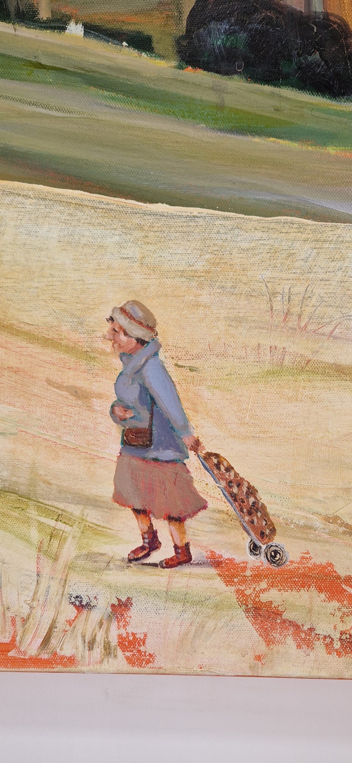 Close-up of Alice, the central figure in Sue Dewhurst's large contemporary British narrative painting.