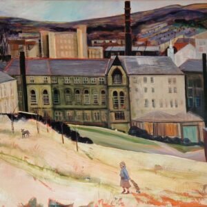 Alice, large contemporary figurative painting by Sue Dewhurst featuring a solitary female figure on a historic mill path surrounded by ghostly buildings and memories.