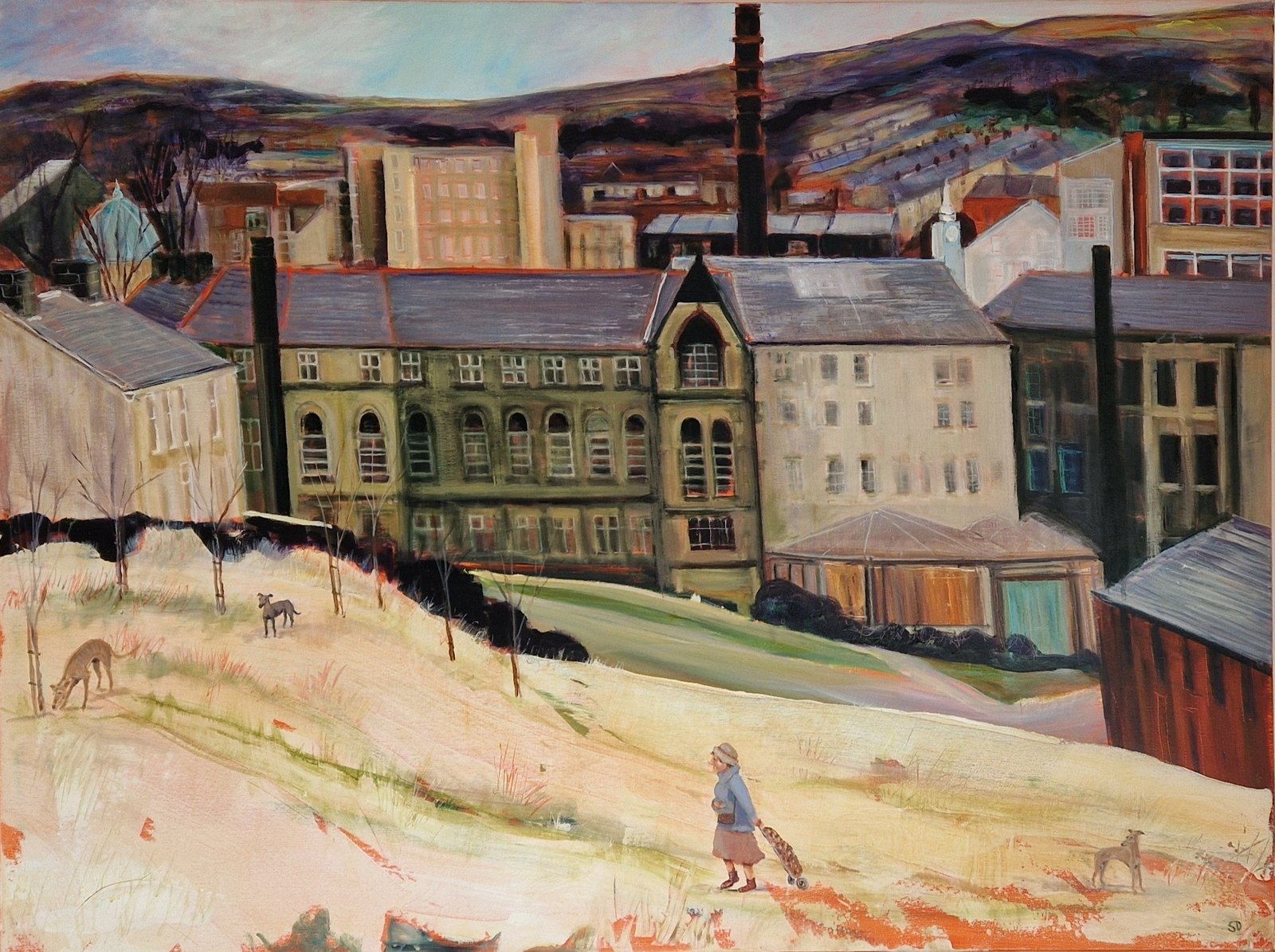 Alice, large contemporary figurative painting by Sue Dewhurst featuring a solitary female figure on a historic mill path surrounded by ghostly buildings and memories.