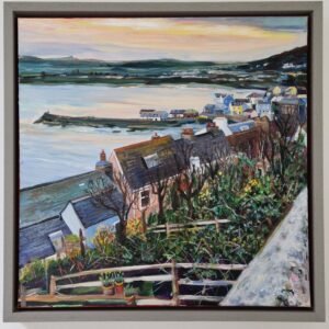 Atmospheric evening painting of New Quay harbour in Wales viewed from above with rooftops, gardens and calm coastal light by Sue Dewhurst.