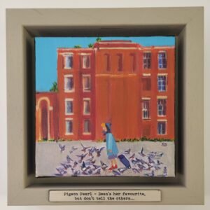 “Pigeon Pearl” original Owd Lasses painting by British artist Sue Dewhurst featuring an elderly woman feeding pigeons in a Northern town precinct.