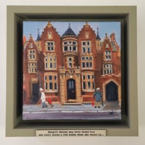 “Tanya’s Charms” original Owd Lasses painting by British artist Sue Dewhurst featuring an older woman walking past a grand Yorkshire pub in Richmond. Image Title