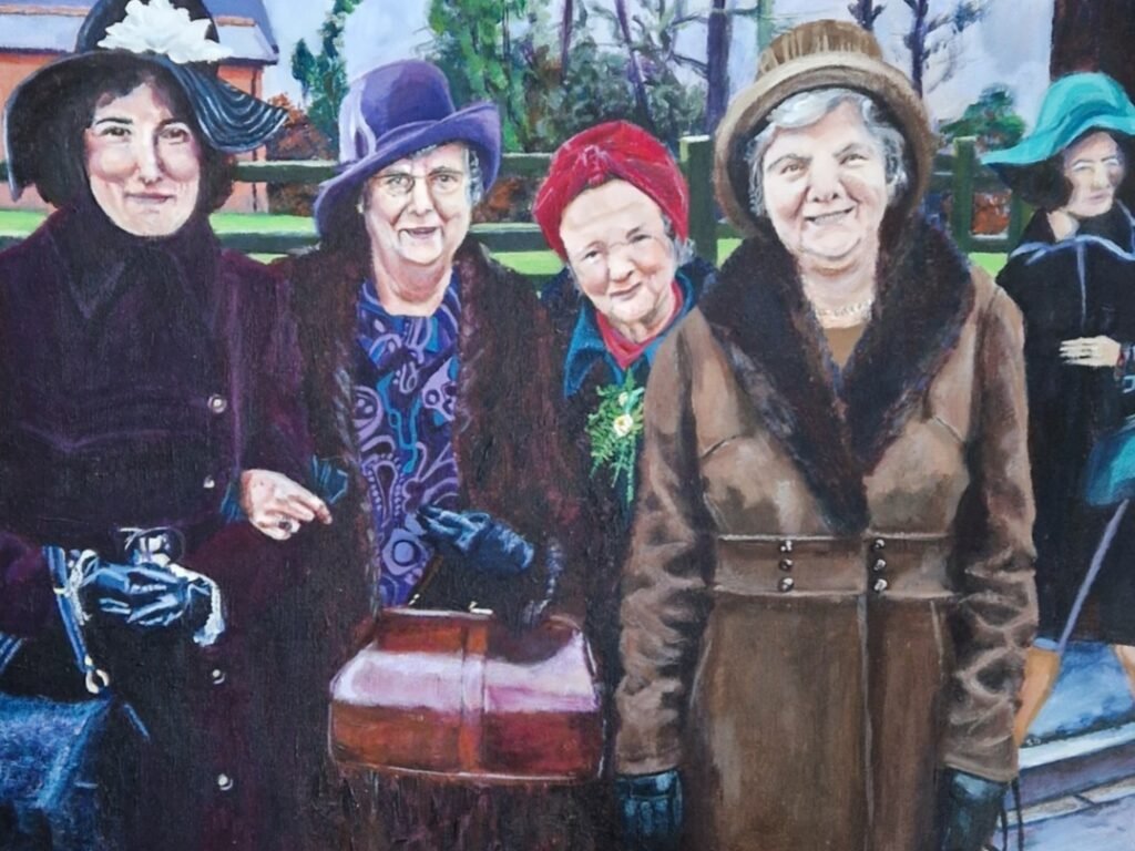 “Hats and Bags" by contemporary British artist Sue Dewhurst, a narrative painting exploring 1970s British family gatherings, social class and the hidden emotional lives of women.