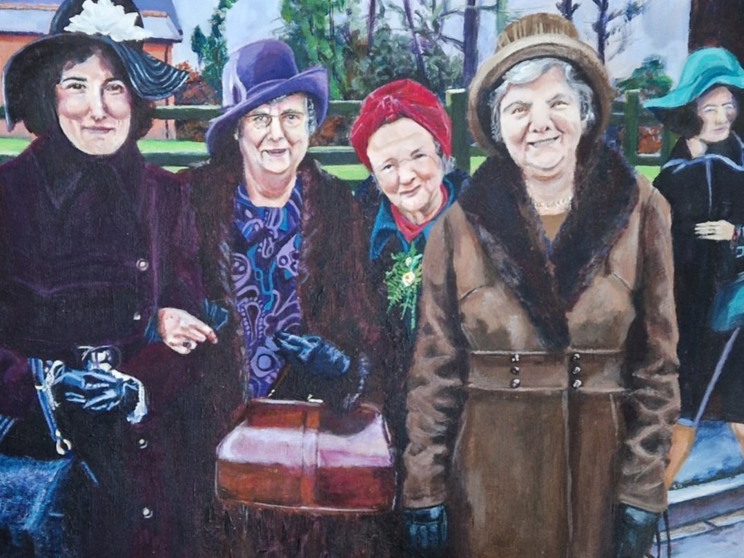 “Hats and Bags" by contemporary British artist Sue Dewhurst, a narrative painting exploring 1970s British family gatherings, social class and the hidden emotional lives of women.