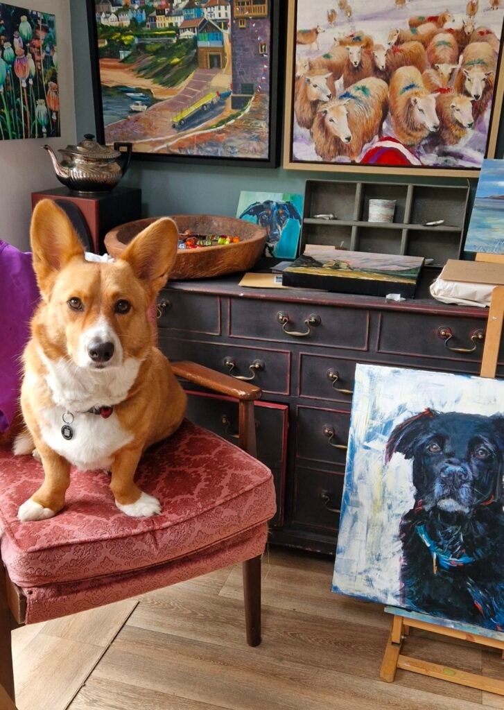 Interior of Sue Dewhurst's West Wales studio displaying original paintings and corgi Hedd.