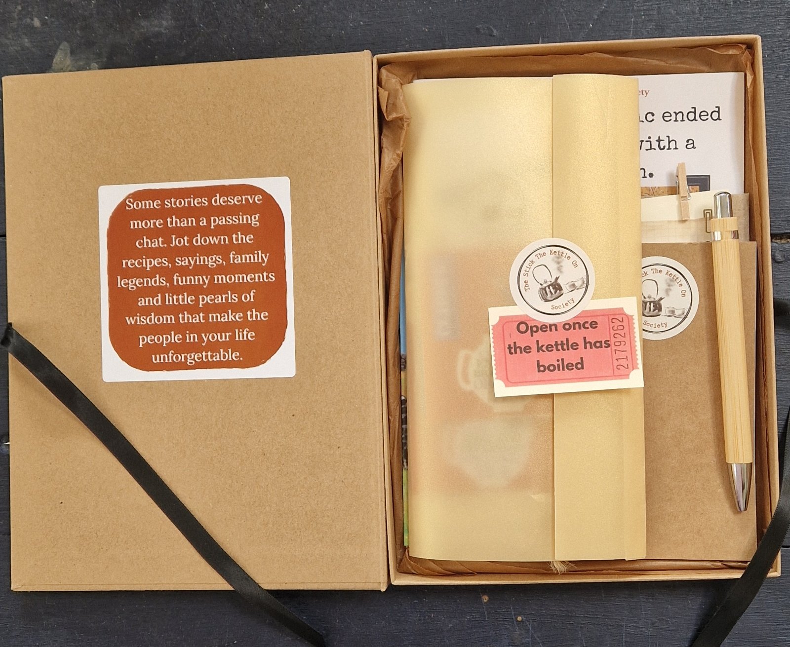 Stick the Kettle On conversation gift kit with cards, notebook, art card, badge, membership card, bamboo pen, tea and nostalgic ephemera