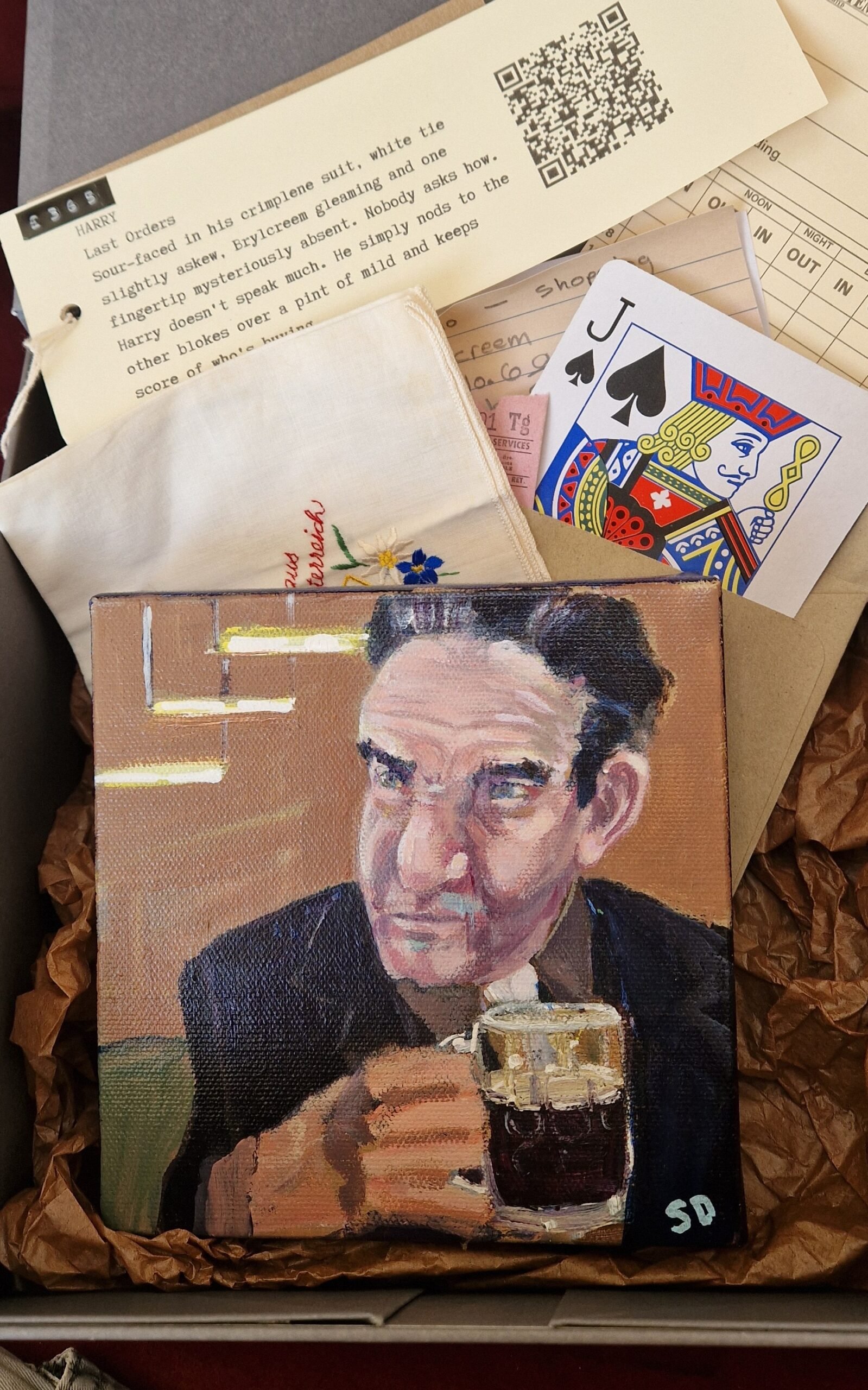 Harry original character painting in a found Relic Box by Sue Dewhurst