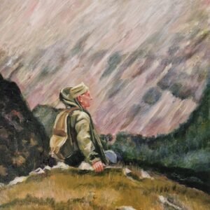1970s hiker painting by Sue Dewhurst showing a solitary figure sitting in the landscape