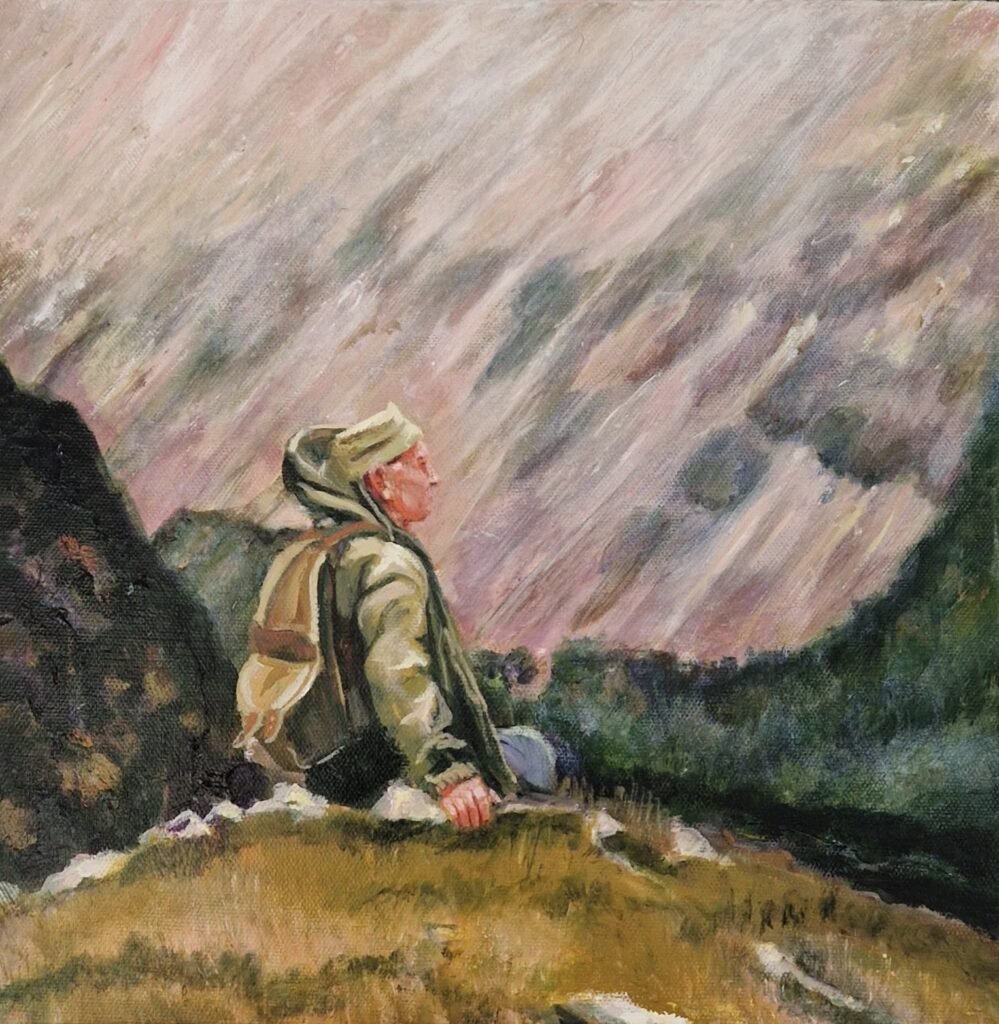 1970s hiker painting by Sue Dewhurst showing a solitary figure sitting in the landscape