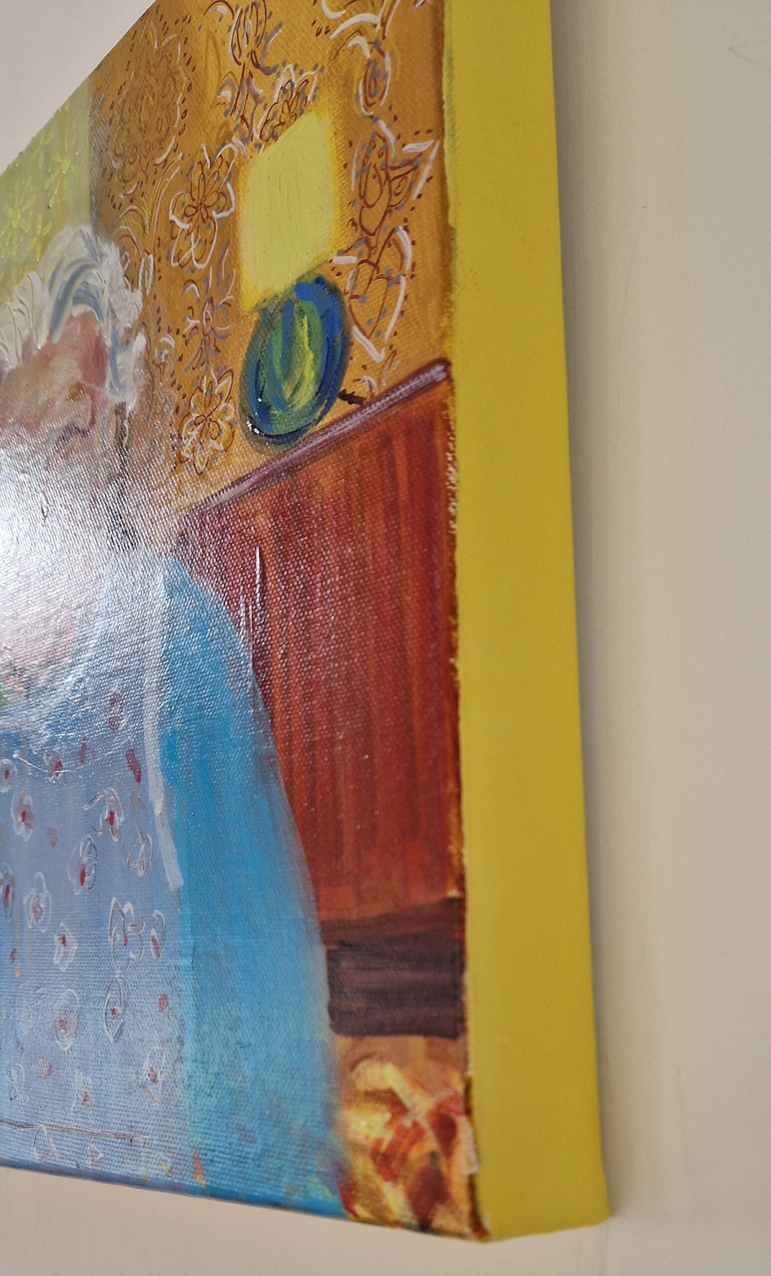 Side view of Jeannie original narrative figurative painting by Sue Dewhurst showing canvas depth and finish