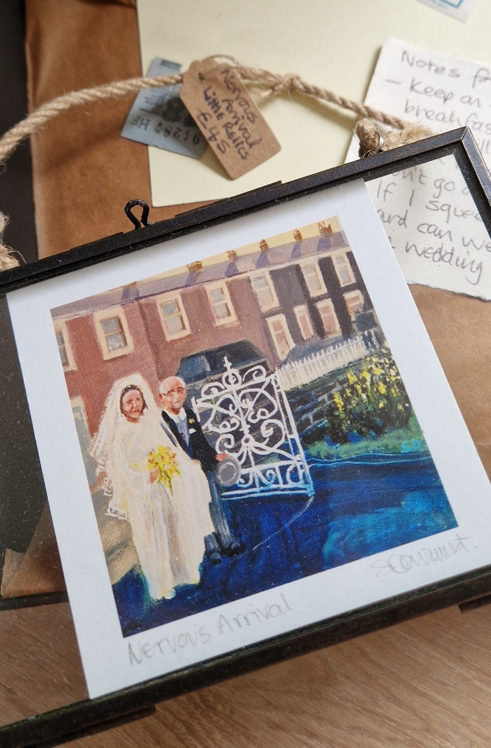 Close-up of The Nervous Arrival nervous bride character art print by Sue Dewhurst