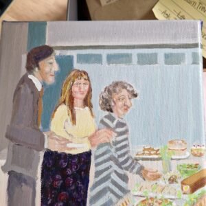 Raymond at the Buffet original character painting in a found Relic Box by Sue Dewhurst