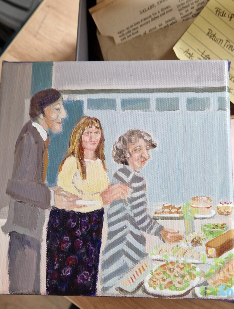 Raymond at the Buffet original character painting in a found Relic Box by Sue Dewhurst