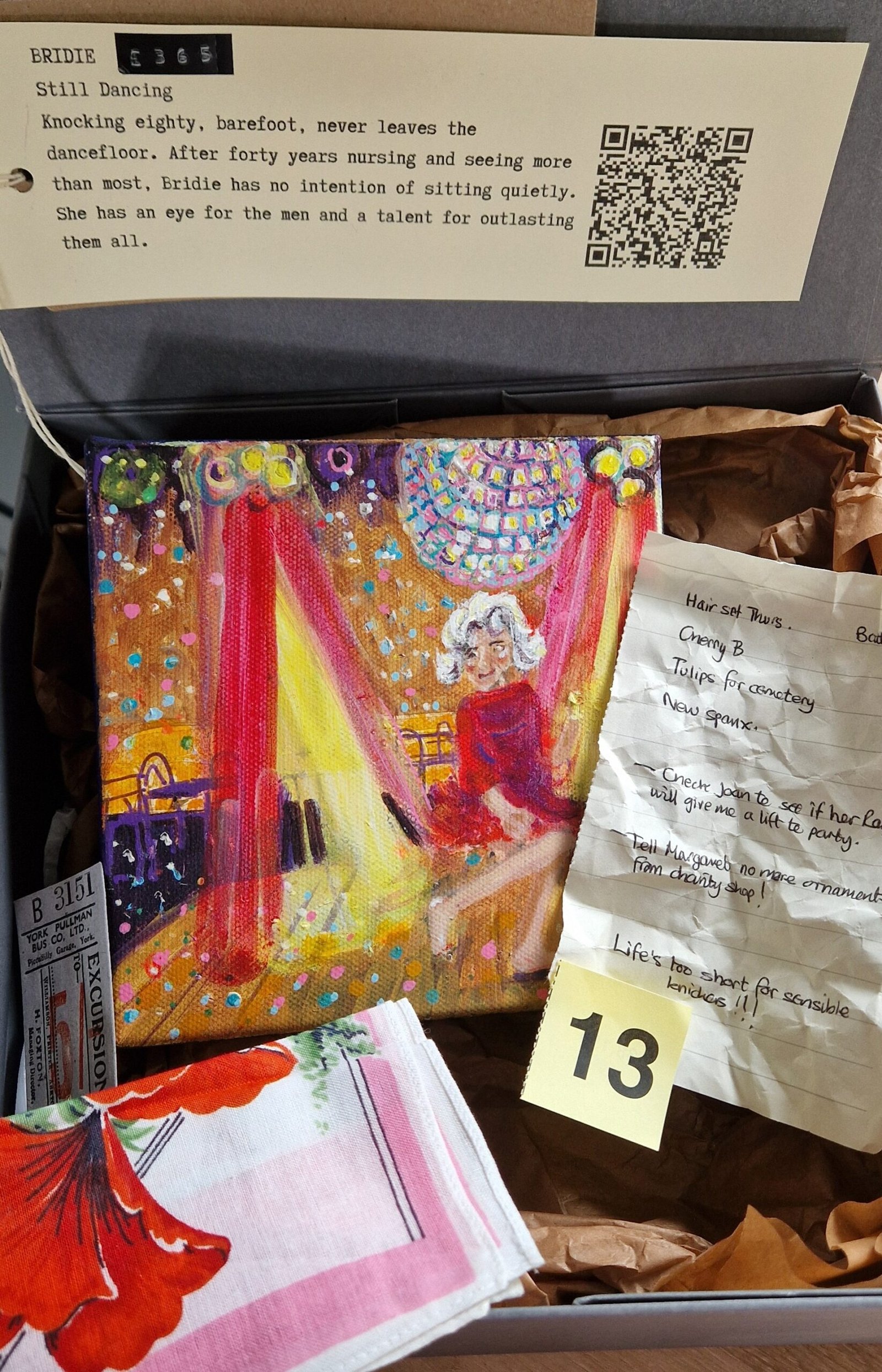 Bridie Northern character painting original depicting 1970s 'do' in a found Relic Box by Sue Dewhurst