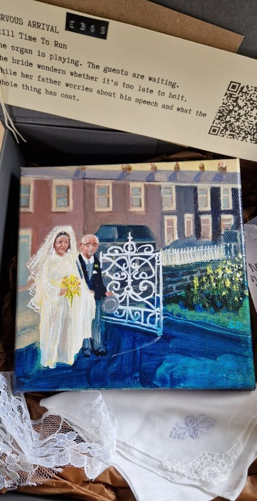 The Nervous Arrival original nervous bride painting in a found Relic Box by Sue Dewhurst