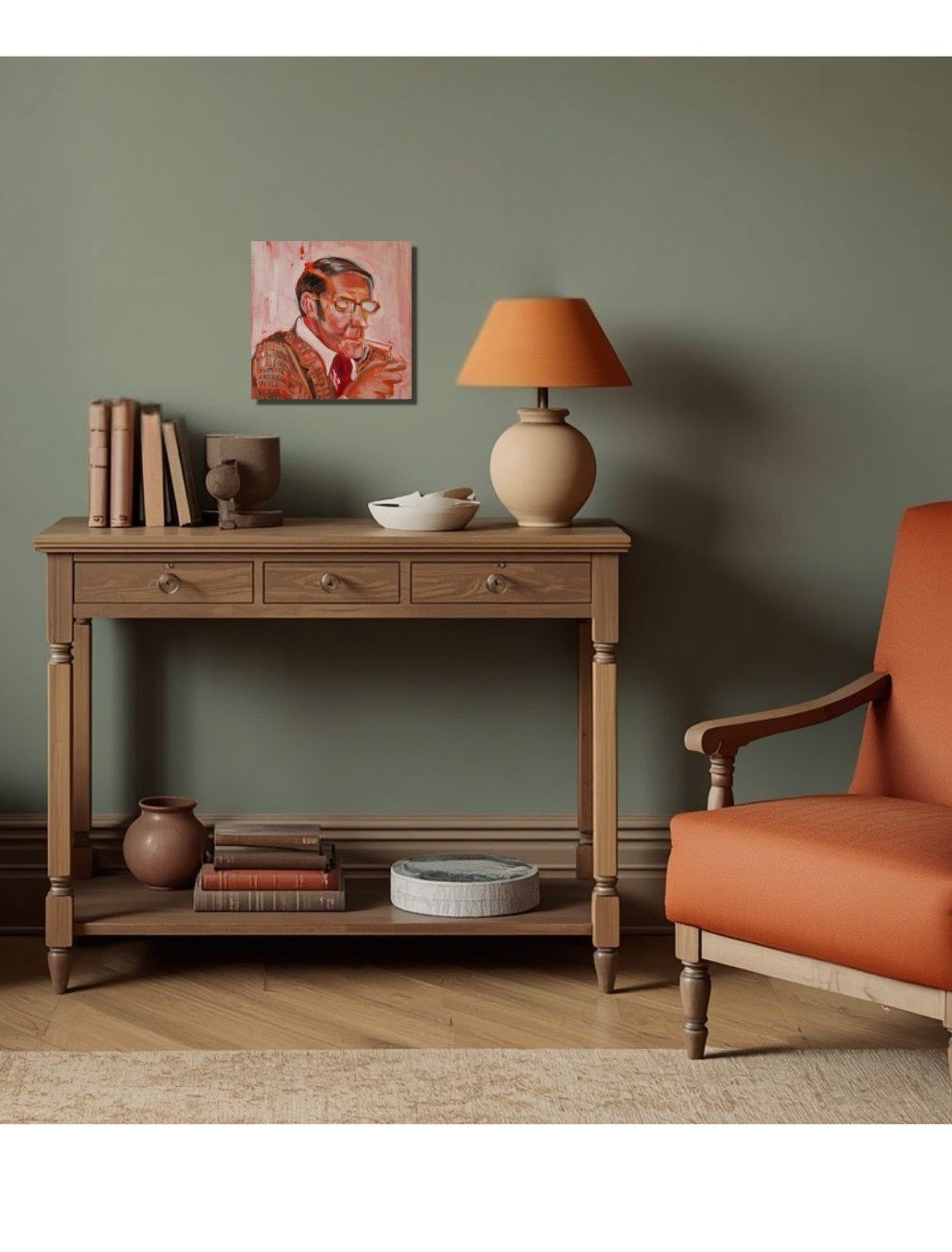 Ronnie original Northern character painting displayed in a warm retro living room with vintage details