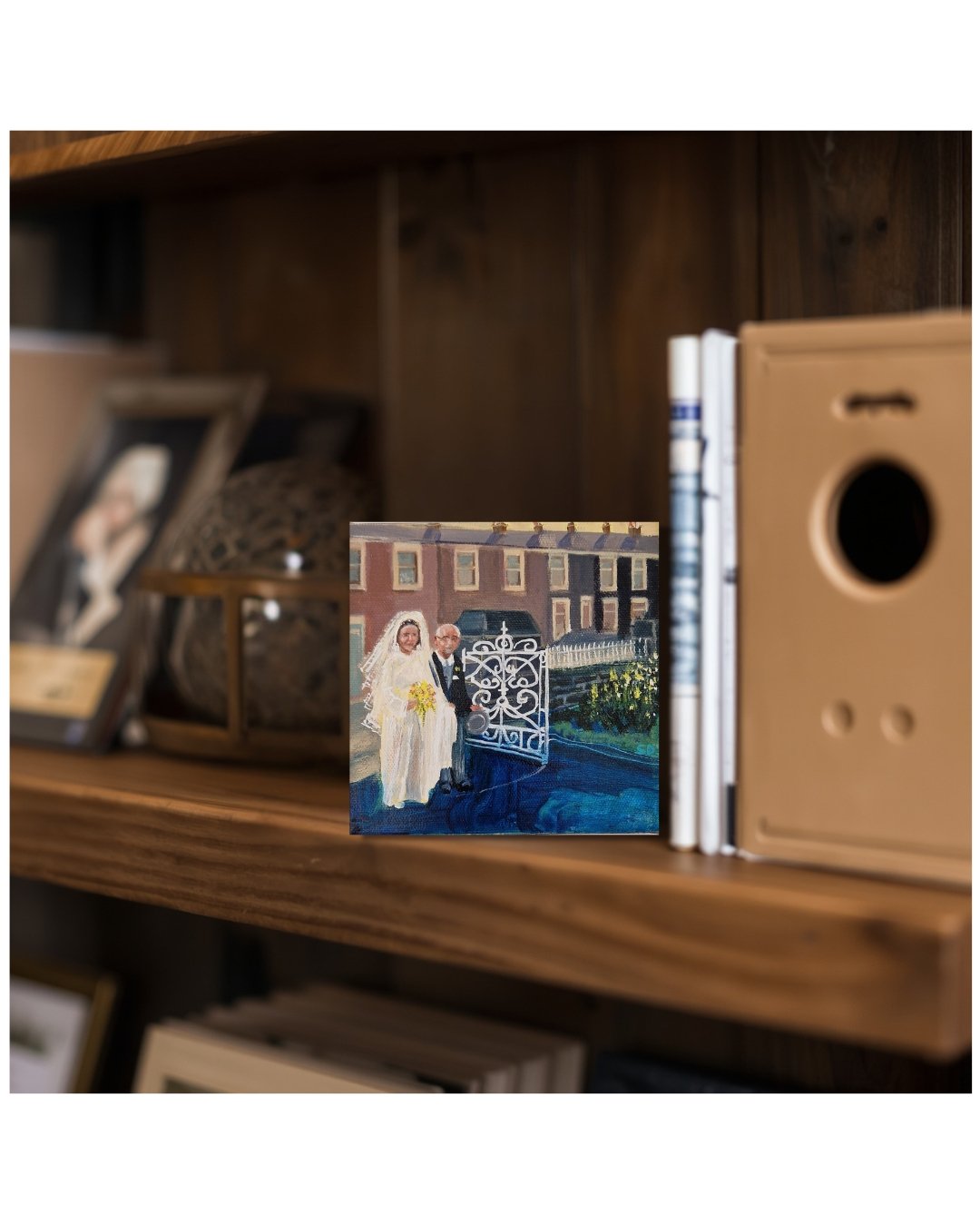 The Nervous Arrival small 1970s wedding character painting displayed beside wedding cards and keepsakes