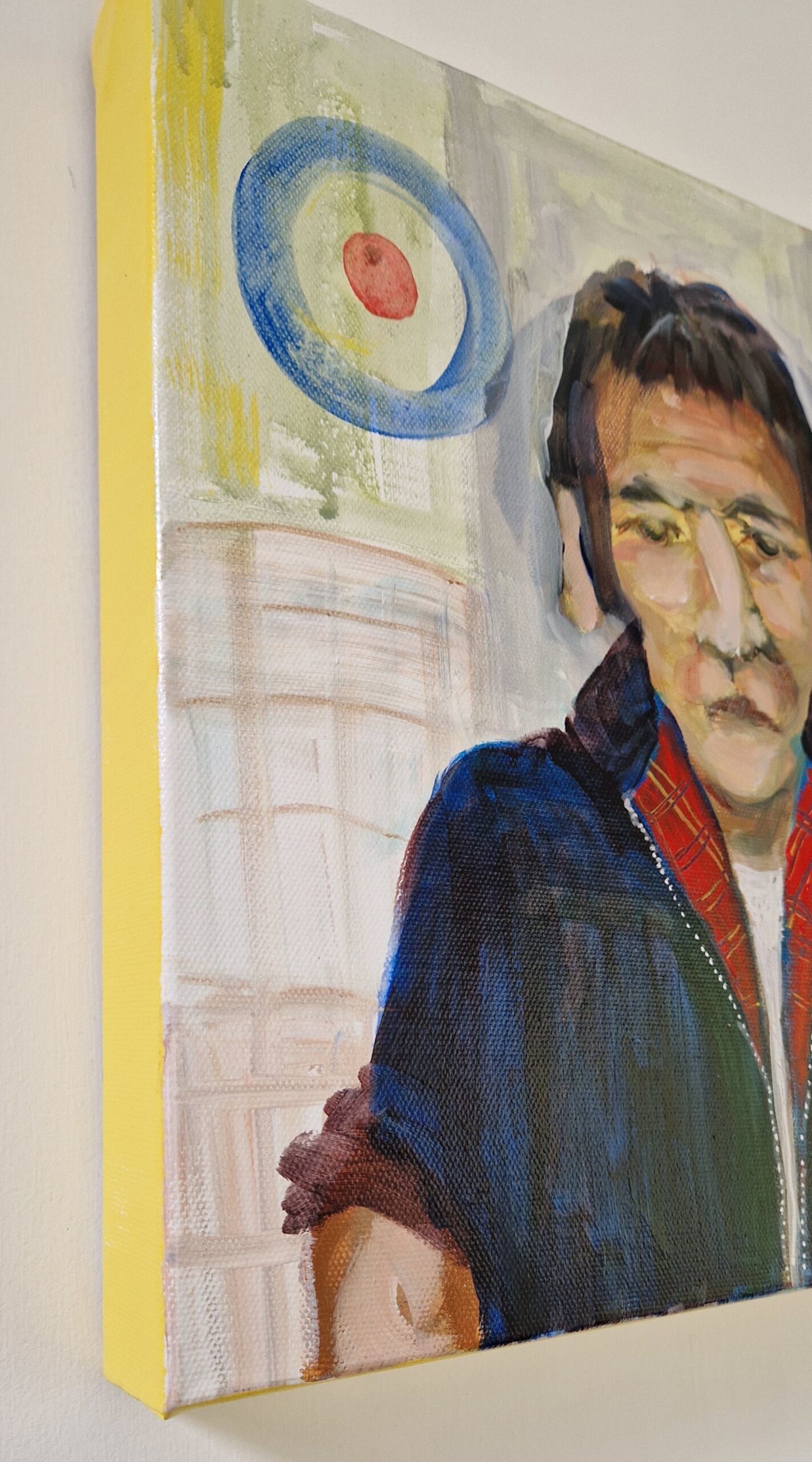 Side view of Weekend Dad original figurative painting by Sue Dewhurst showing canvas depth and finish