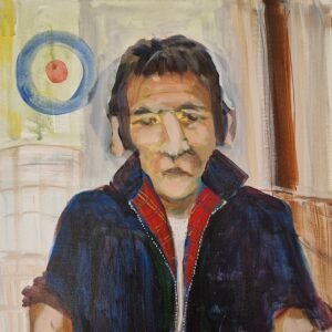 Weekend Dad original character painting from the Flat Series by Northern figurative artist Sue Dewhurst