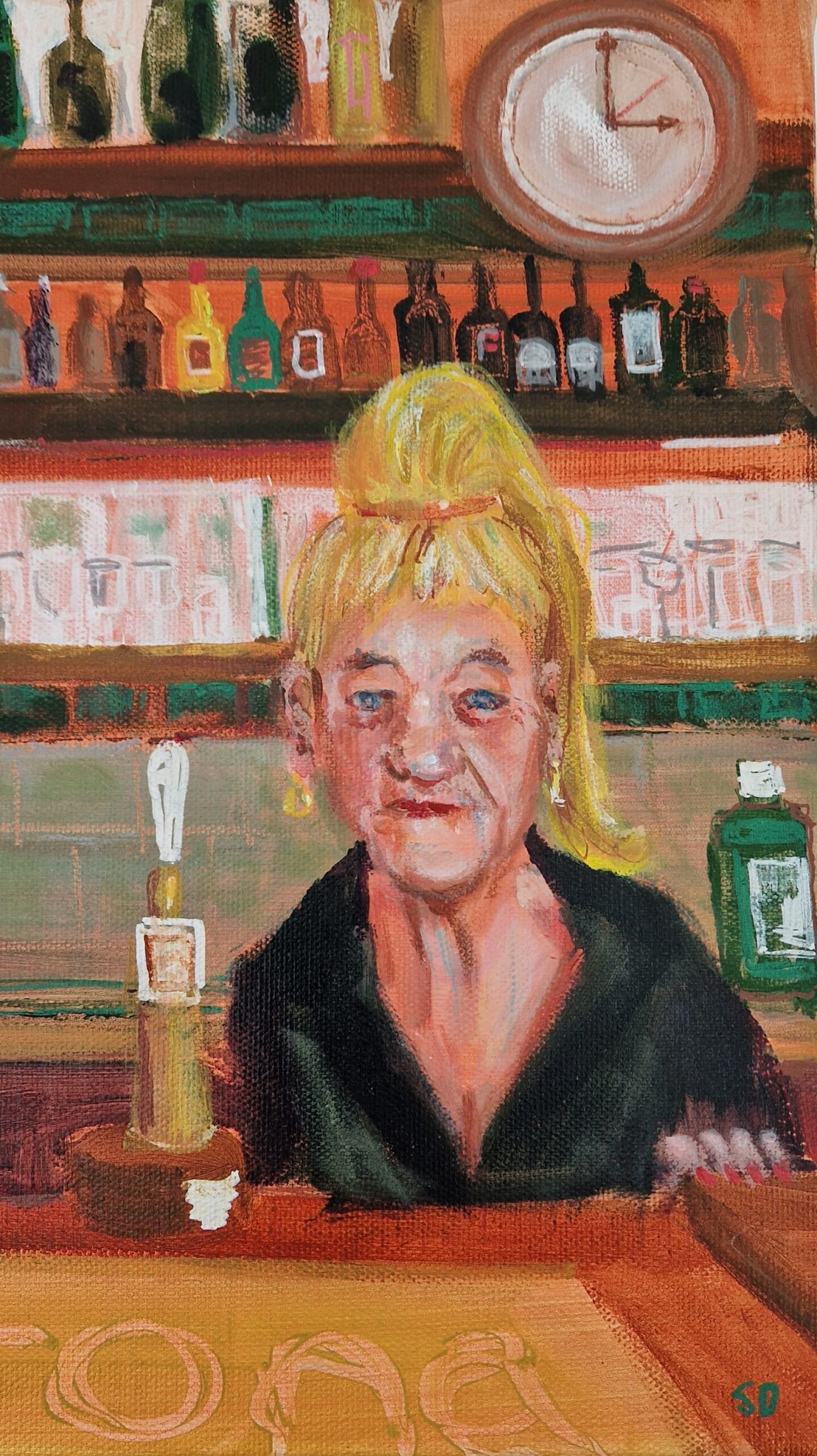 Close-up detail of The Barmaid original character painting from the Working Girls series by Sue Dewhurst