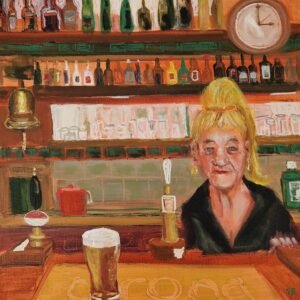 The Barmaid, Northern narrative figurative art from the Working Girls series by Northern figurative artist Sue Dewhurst