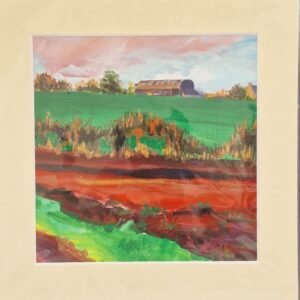 Barn with Red Field original mixed media painting by Sue Dewhurst featuring a curved-roof farm barn, bright green fields and rich red foreground.