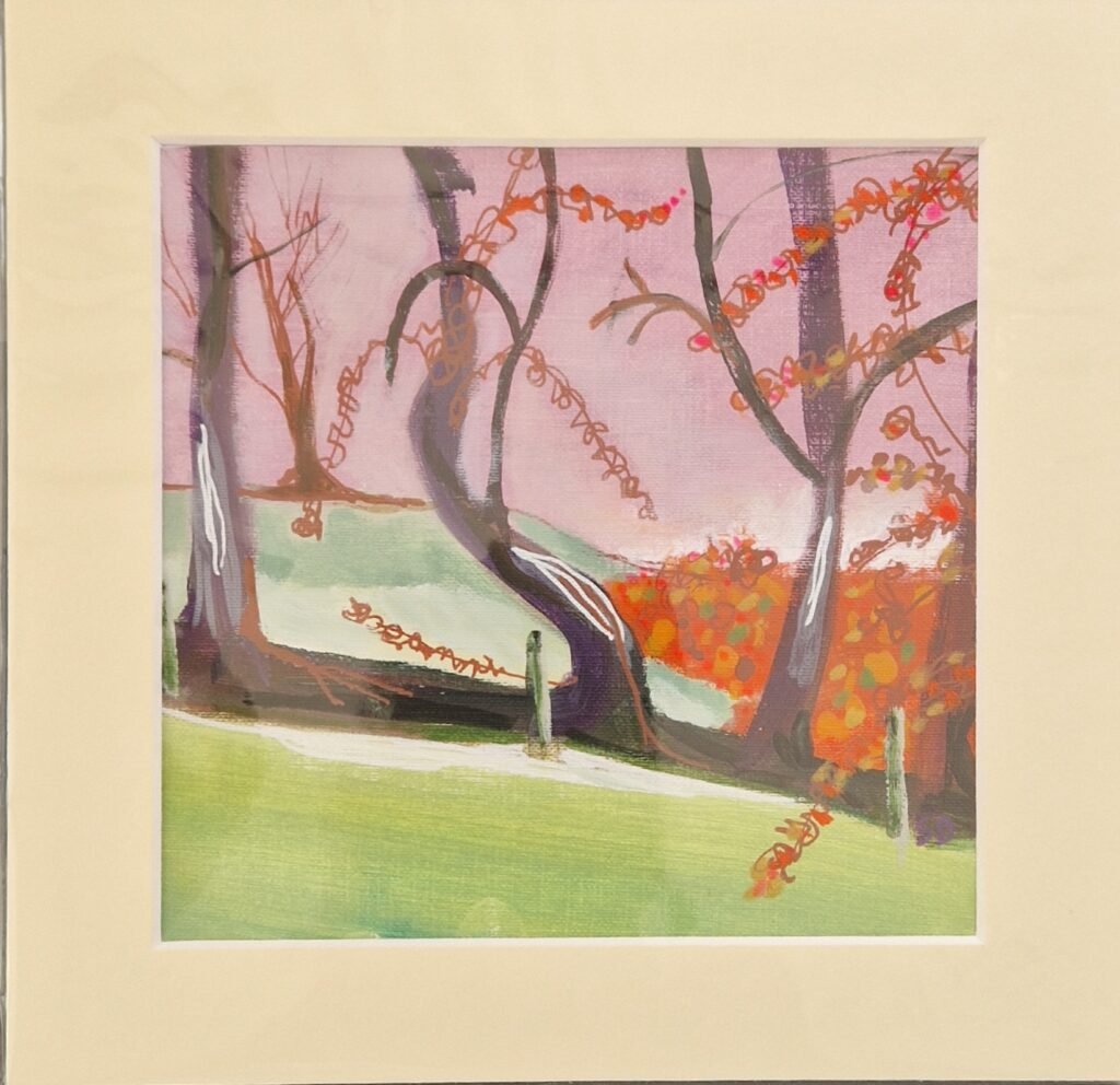 Beech Glory original mixed media landscape by Sue Dewhurst showing twisting beech trees with colourful autumn leaves, pink sky and green grass.