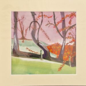 Beech Glory original mixed media landscape by Sue Dewhurst showing twisting beech trees with colourful autumn leaves, pink sky and green grass.