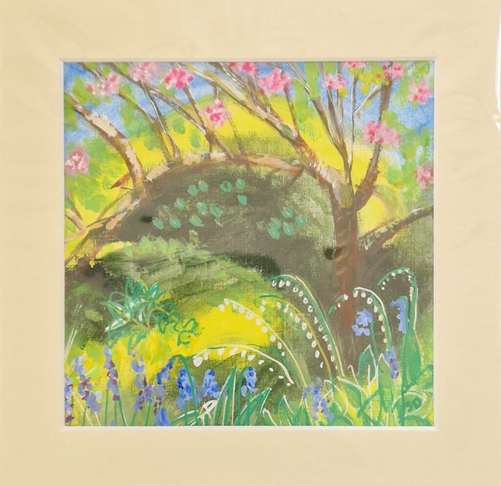 Blossom original mixed media woodland landscape by Sue Dewhurst showing bluebells, lily of the valley and pink blossom in a wooded dell.