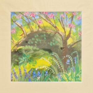 Blossom original mixed media woodland landscape by Sue Dewhurst showing bluebells, lily of the valley and pink blossom in a wooded dell.