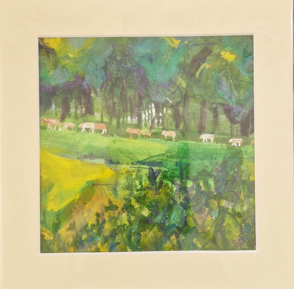 Cow Parade original mixed media painting by Sue Dewhurst showing cattle walking in a line beside woodland in a lush green rural landscape.