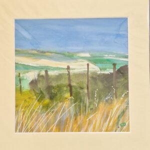 Fenceline original mixed media landscape by Sue Dewhurst showing weathered fence posts, golden field grasses and distant green hills beneath a blue sky.