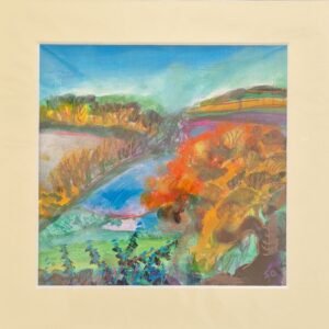 Fire Tree original mixed media landscape by Sue Dewhurst showing vivid orange autumn foliage among rolling green hills and sweeping blue countryside.