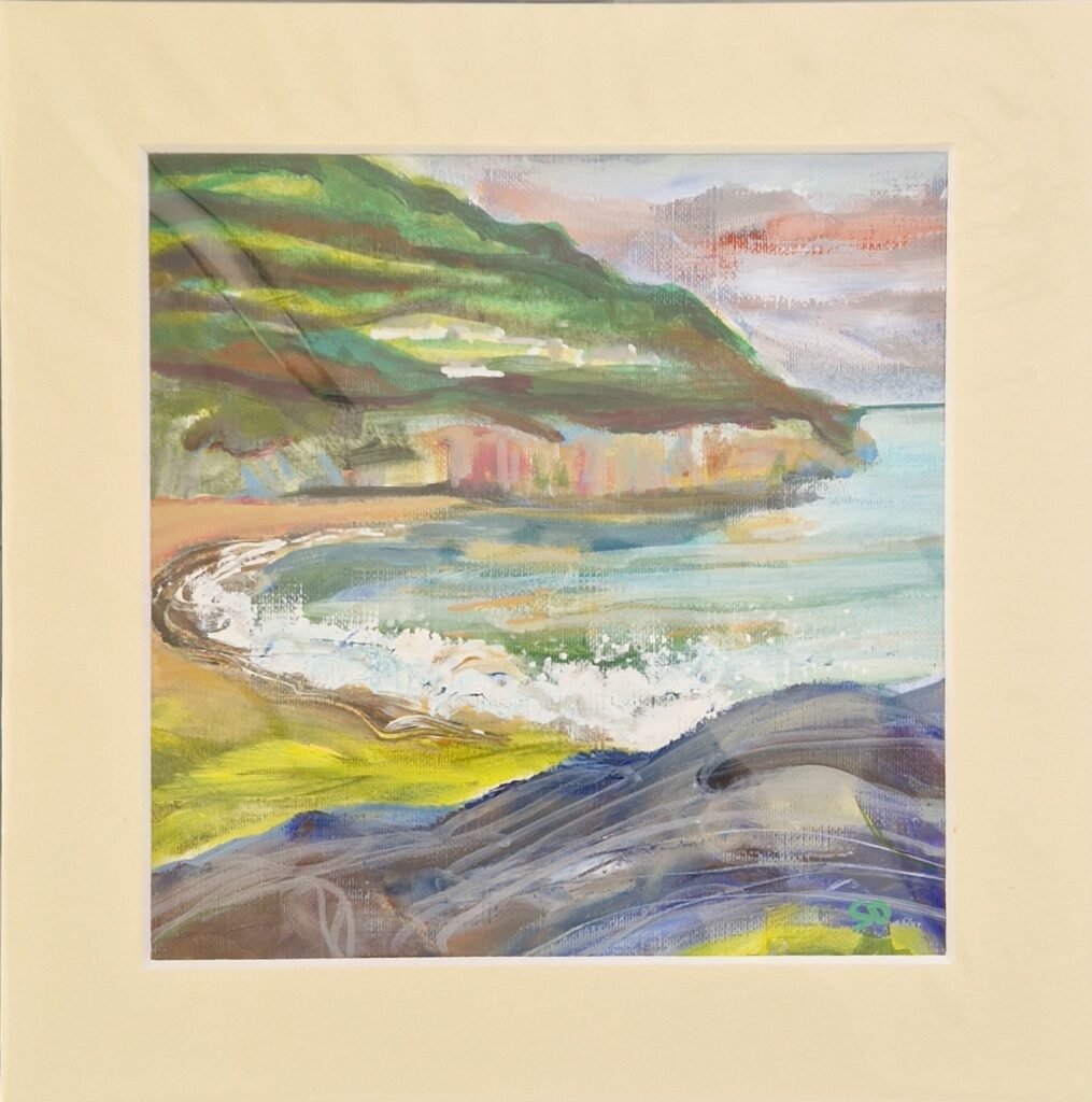 Incoming Tide original mixed media seascape by Sue Dewhurst showing turquoise waves breaking against a sheltered bay beneath green coastal cliffs.