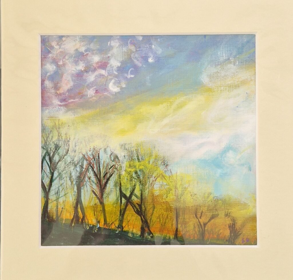 Misty Trees original mixed media landscape by Sue Dewhurst showing silhouetted woodland trees beneath a blue and lilac sky with glowing golden mist.