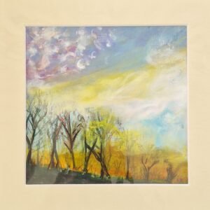 Misty Trees original mixed media landscape by Sue Dewhurst showing silhouetted woodland trees beneath a blue and lilac sky with glowing golden mist.