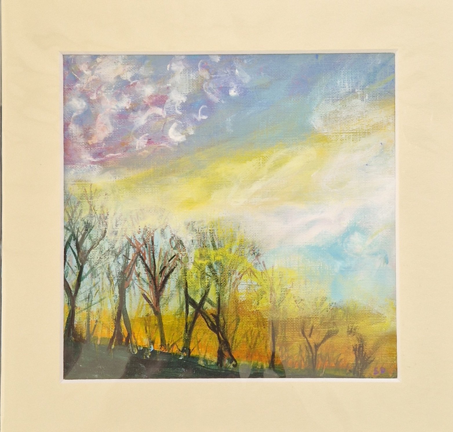 Misty Trees original mixed media landscape by Sue Dewhurst showing silhouetted woodland trees beneath a blue and lilac sky with glowing golden mist.