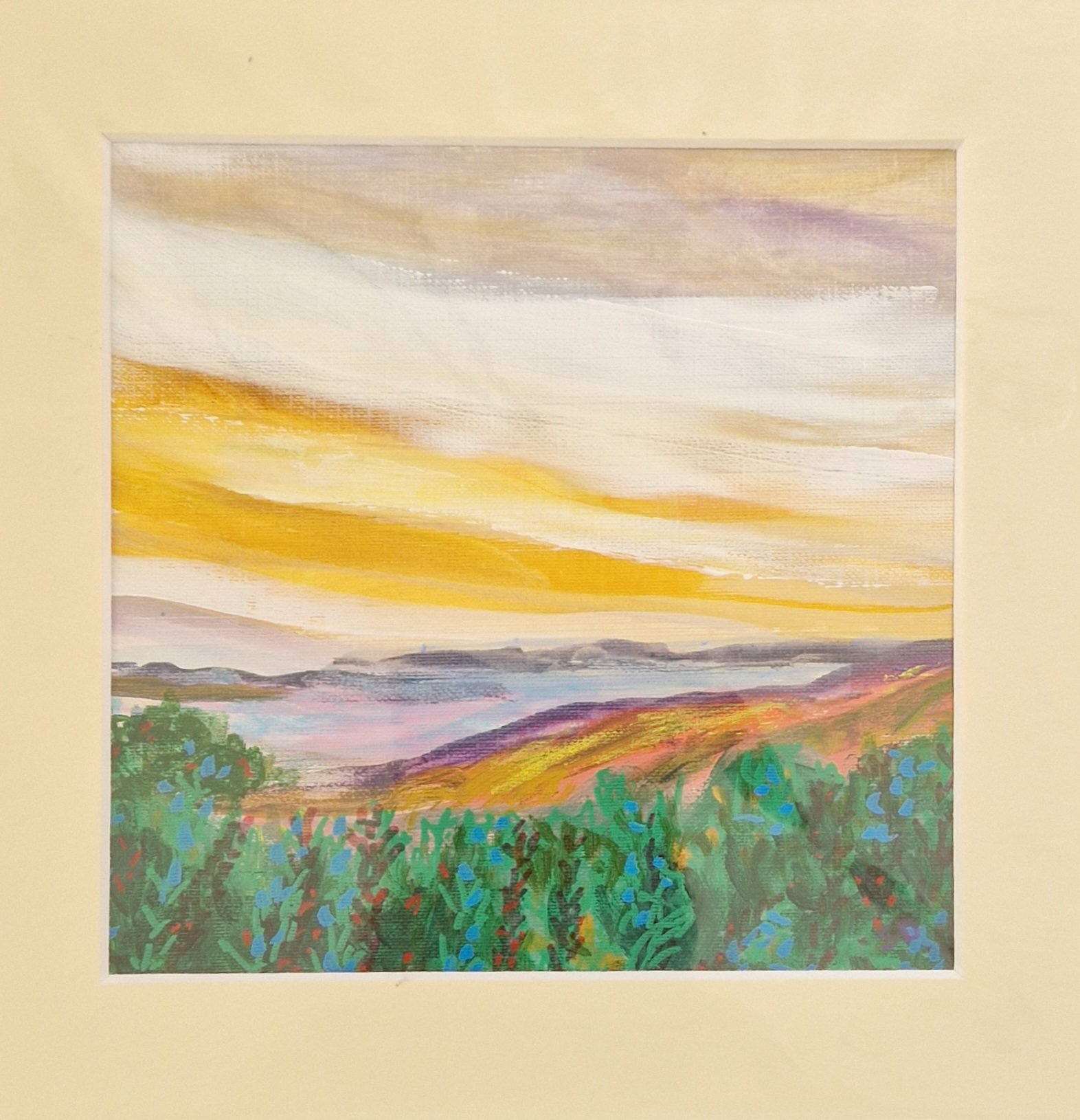 Morning View original mixed media landscape by Sue Dewhurst showing a golden morning sky, distant water and hills, with colourful wild vegetation in the foreground.