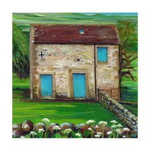 Wensleydale barn blue doors Yorkshire Dales art print stone cow house rural landscape