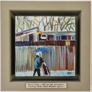 Betty Noir original Northern narrative painting by British artist Sue Dewhurst featuring an Owd Lass walking beside the allotments with umbrella and shopping trolley
