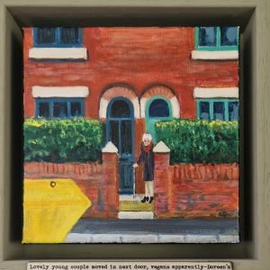 Doreen original Northern narrative painting by British artist Sue Dewhurst inspired by red brick terraces, neighbourly life and working-class Britain