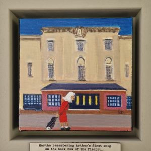 Original British character painting of a woman in a red coat standing outside a cinema, recalling a first kiss, framed artwork with handwritten caption