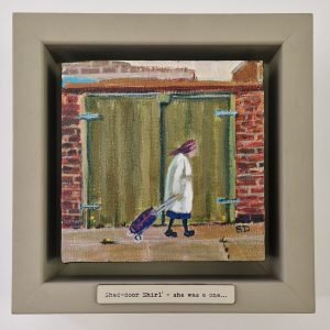 Shed-door Shirl original Northern narrative painting by British artist Sue Dewhurst inspired by Newcastle back alleys and working-class Northern life
