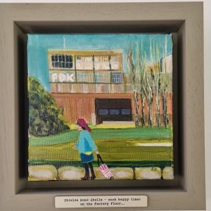 Shields Road Sheila original Newcastle narrative painting by British artist Sue Dewhurst inspired by the Byker Wall and Shields Road in Newcastle